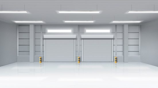 Empty warehouse interior with shatter roll gates Empty warehouse with rolling doors, storehouse interior with shutter gates, illuminating lamps on ceiling. Delivery service, industrial room rental storage facility, Realistic 3d vector illustration