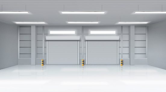 Empty warehouse with rolling doors, storehouse interior with shutter gates, illuminating lamps on ceiling. Delivery service, industrial room rental storage facility, Realistic 3d vector illustration