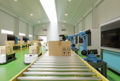 Interior of warehouse in logistic center have AGV/Robot arm,3d rendering