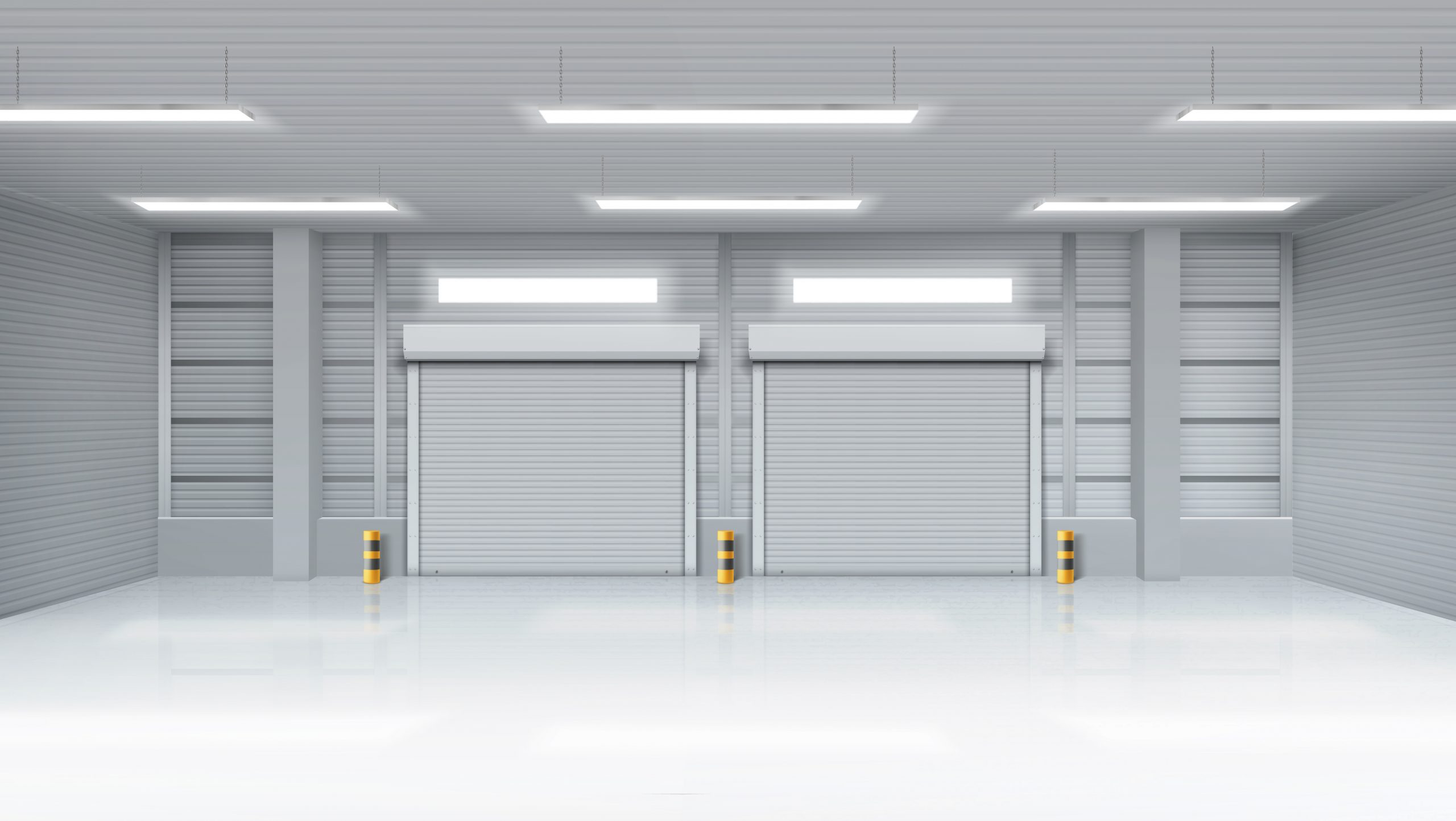 Empty warehouse interior with shatter roll gates Empty warehouse with rolling doors, storehouse interior with shutter gates, illuminating lamps on ceiling. Delivery service, industrial room rental storage facility, Realistic 3d vector illustration
